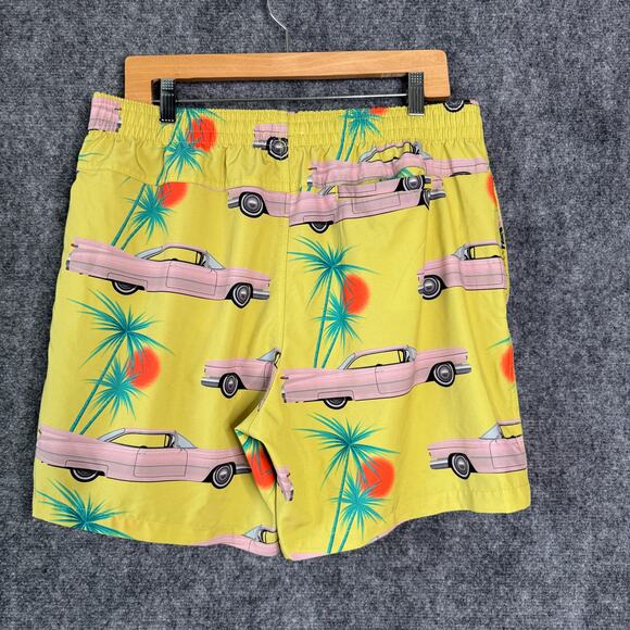 Duvin Cruising Cars Swim Trunks Mens XL Yellow Drawstring Pink Car Print Beach - Picture 2 of 13